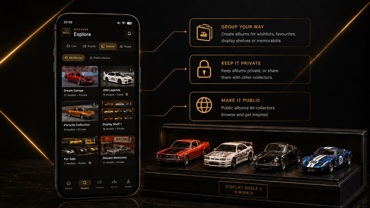Albums screen with private and public albums for a dream garage, JDM legends, display shelves and cars for sale, beside a display shelf of four diecast models