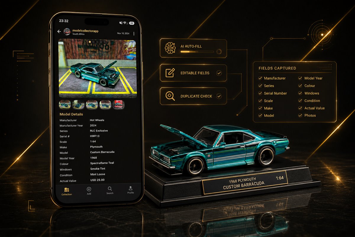 Model car detail page showing manufacturer, series, scale, colour, condition and value, beside a 1:64 Plymouth Custom Barracuda