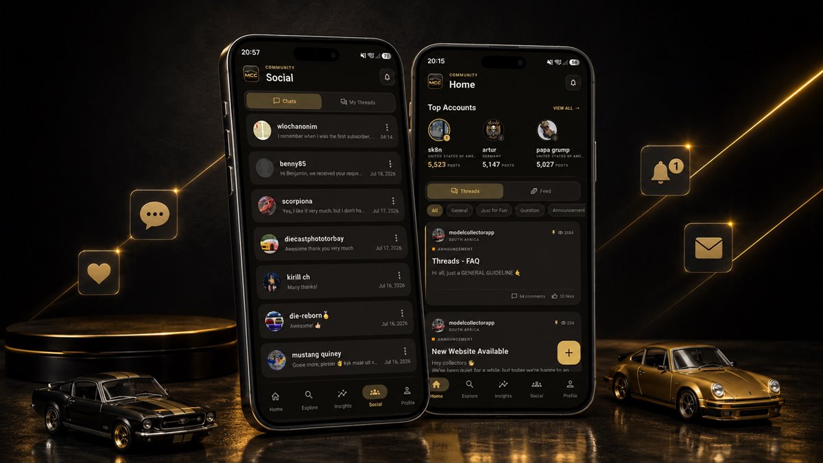 Direct message conversations on one phone and community threads with top accounts on another, with like, comment, message and notification icons