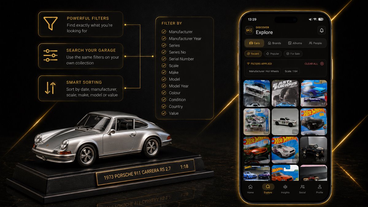 Explore screen with diecast filters applied for manufacturer and scale, listing filter fields from manufacturer and series to condition, country and value, beside a 1:18 1973 Porsche 911 Carrera RS 2.7