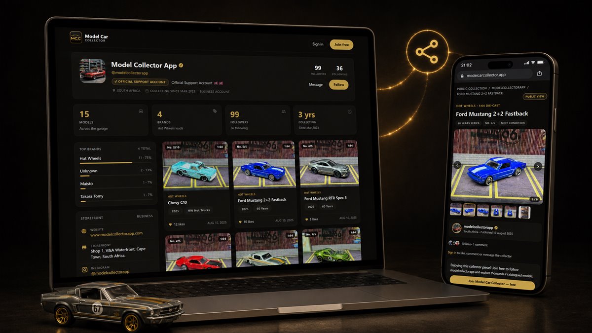 Public collection page open in a laptop browser and a single car's public page on a phone, both viewable without the app