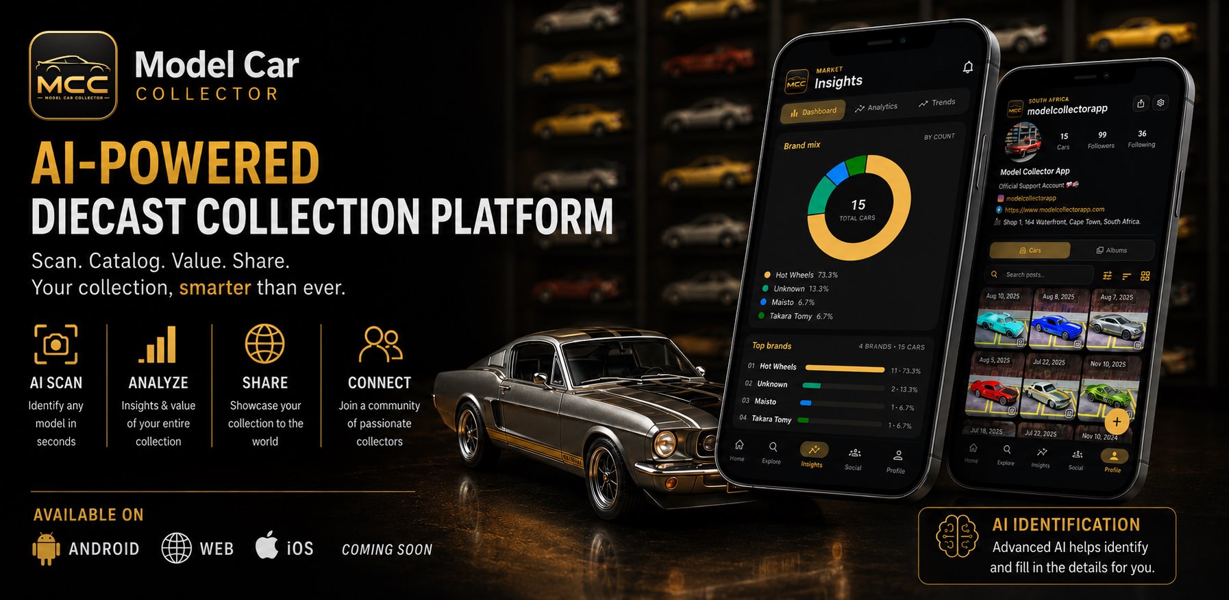 Model Car Collector - AI-powered diecast collection platform, shown on Android, web and iOS